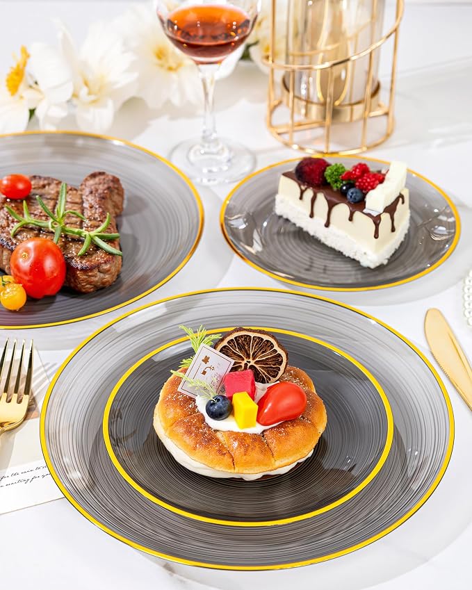 Morejoy 60Pcs Black Plastic Plates, Modern swirl design Plates Include 30 - Image 2