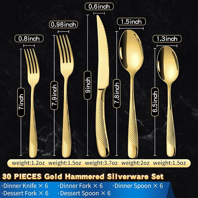 30-Piece Hammered Gold Silverware Set - Image 3