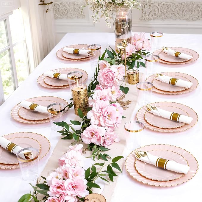 YOUBET 350PCS Pink Scalloped Plastic Plates - Image 8