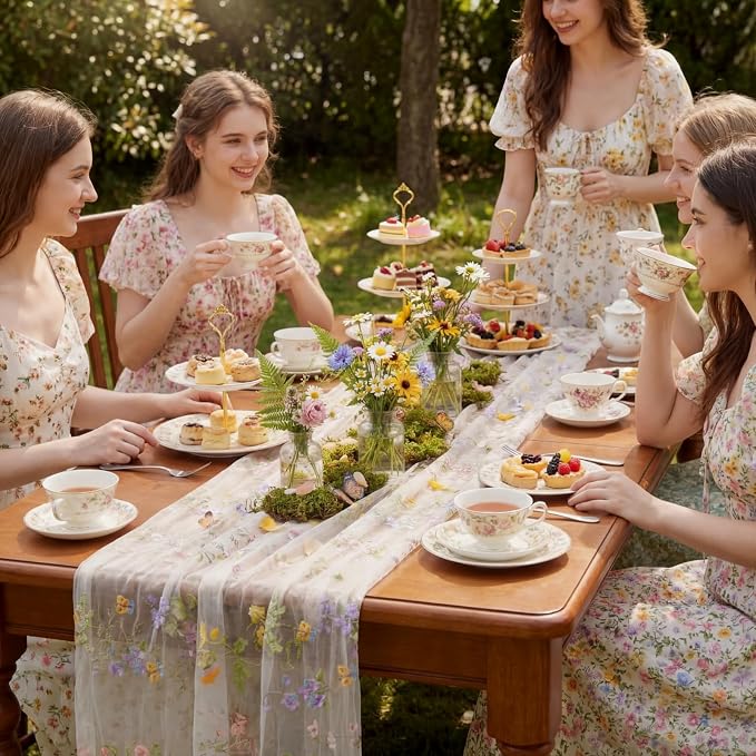 Ivory White Floral Table Runner 10ft Embroidery Tulle Spring Wildflower Table - Image 3