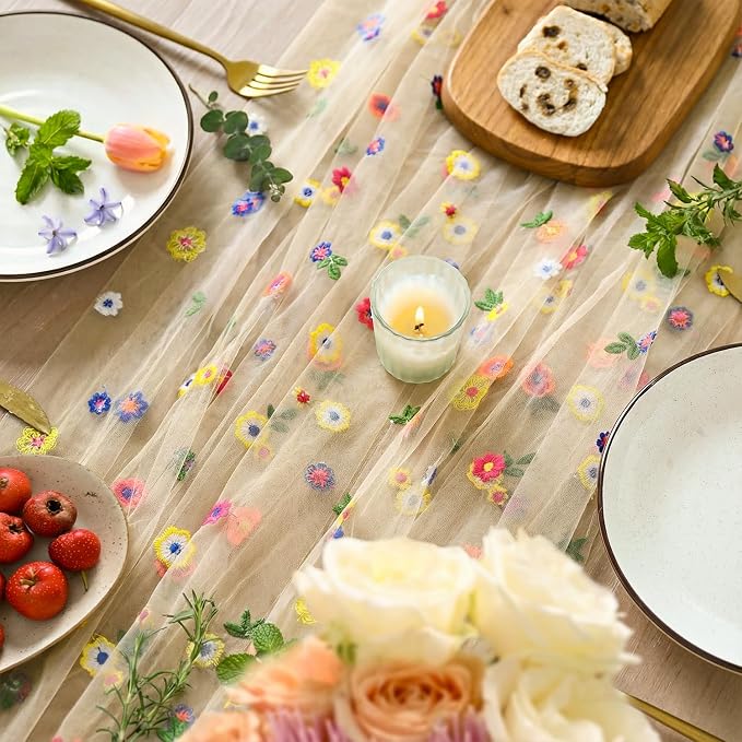 Artoid Mode Champagne Embroidery Daisy Gauze Table Runner 120 Inch 10FT | - Image 3