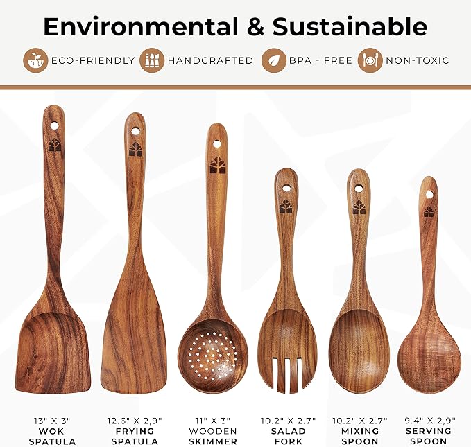 Wooden Spoons for Cooking, Teak Wood Kitchen Utensil Set – Multipack | - Image 4