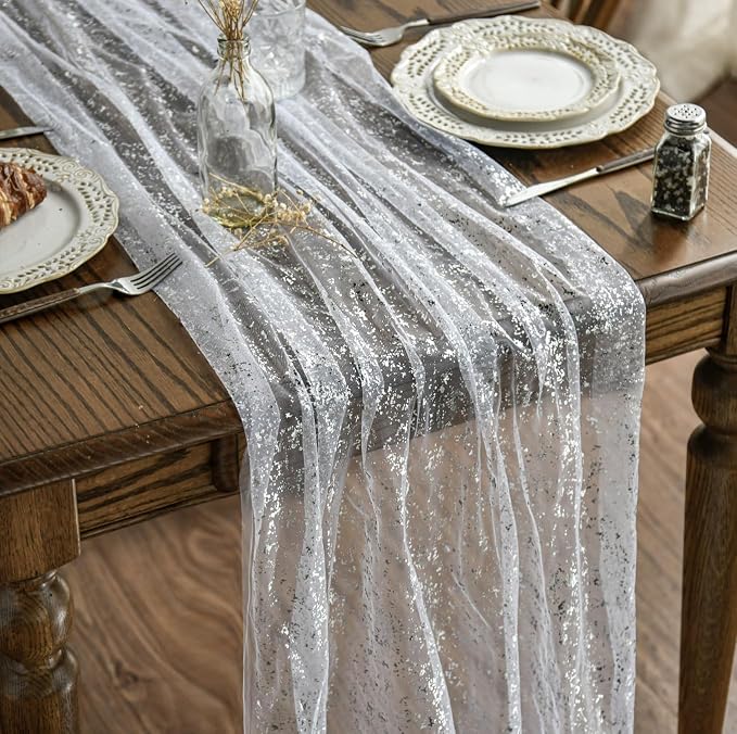 Artoid Mode 6Pcs White Silver Gauze Table Runner 120 Inch 10FT, Glitter by ArtoidMode