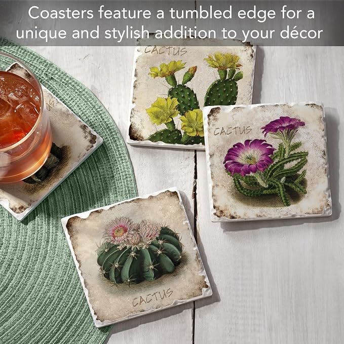 Thirstystone Cactus Flowers 4 Pack Assorted Tumbled Tile Stone Coasters | 4" - Image 2