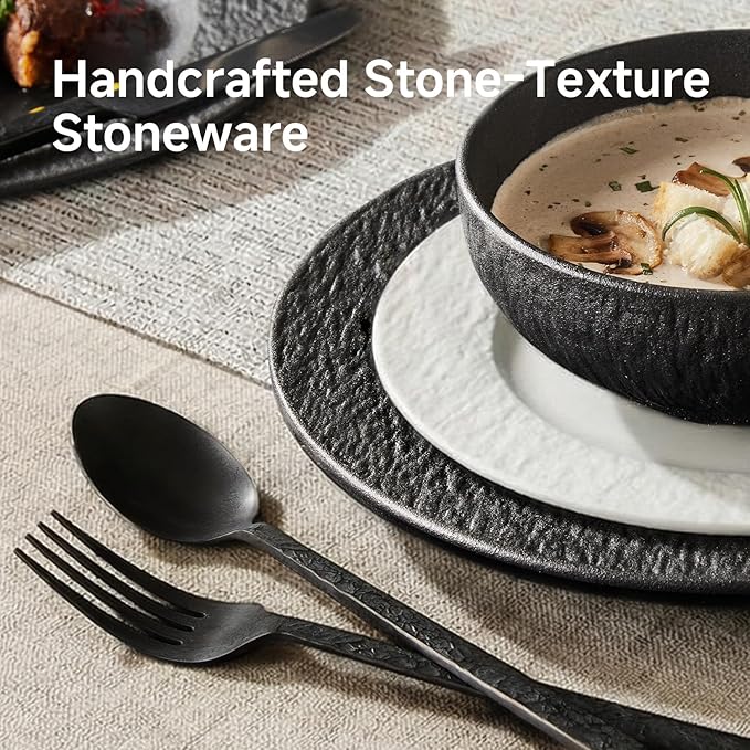 Black Dinnerware Sets, 12-Piece plates and bowls sets, Matte Marble | Premium - Image 3