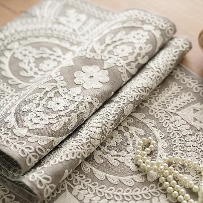 Coffee Table Runner Embroidered Boho Dresser Scarf, 4 Tassel Pendants, Layered - Image 5