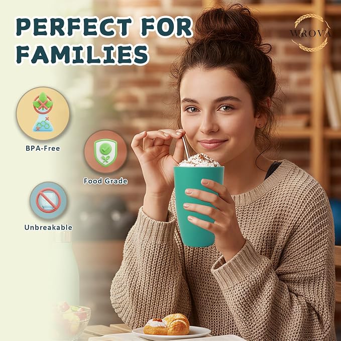 Wrova Wheat Straw Cups Reusable Kitchen Cups Set of 8, Unbreakable 20oz - Image 4