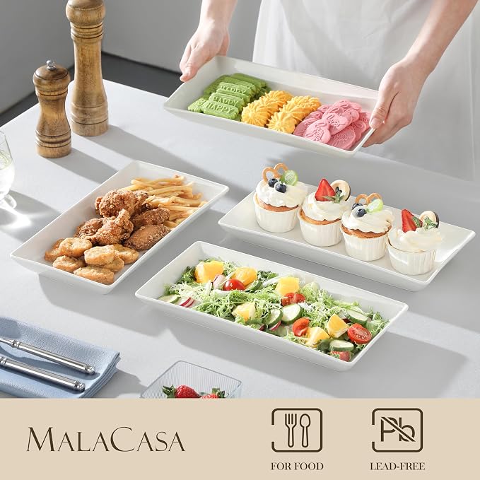 MALACASA Porcelain Serving Platters Set of 4, 12 in Rectangular White Trays | - Image 3