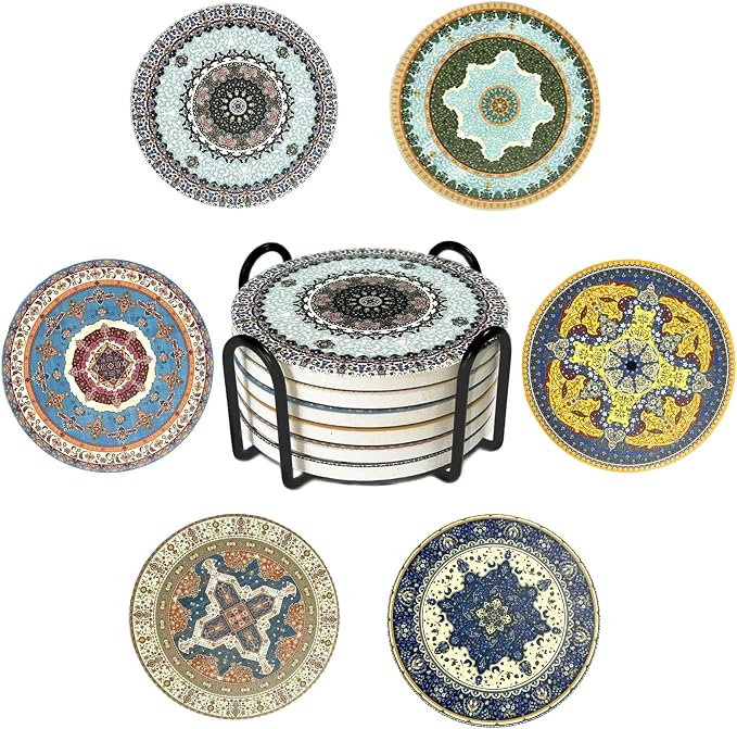 Ceramic Coasters Absorbent Non Slip 6pcs 4 Inch Coaster Persian | Drink Coasters by Staruby