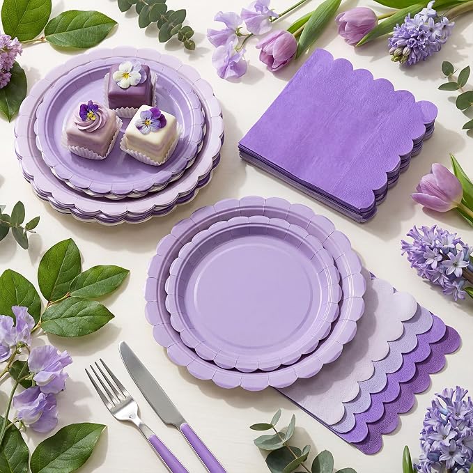 110 Pcs Purple Plates and Napkins Tableware Set Serve 25 Guests Includes - Image 7
