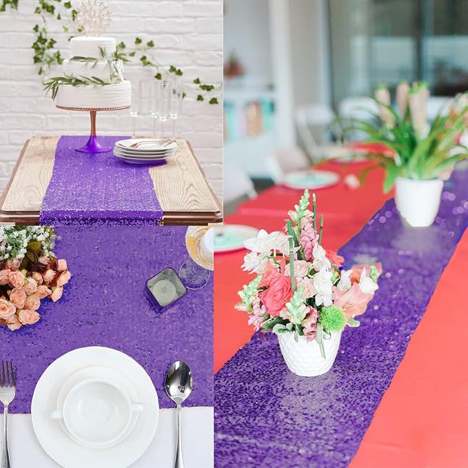 12 Packs 12 X 72 Inch Purple Sequin Table Runner Glitter Dining Table Runner - Image 9