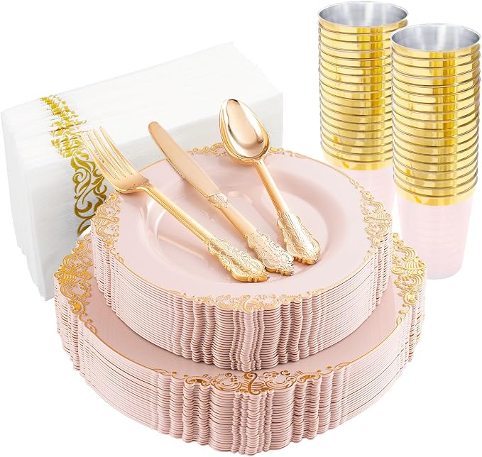 Morejoy 175pcs Pink Plastic Plates by Morejoy