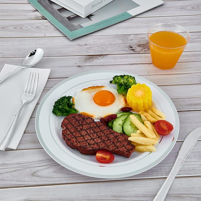 Vplus 100 Pack 10in Silver Rimmed White Disposable Plastic Plates - Image 7