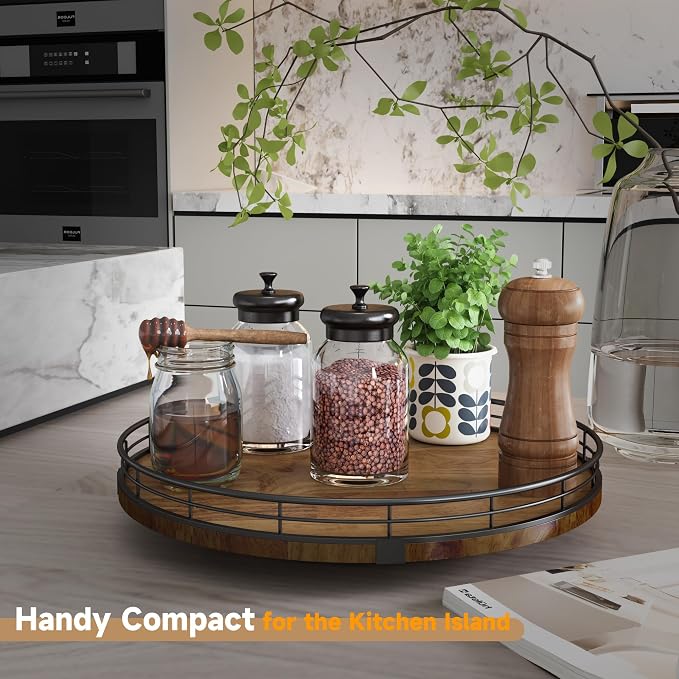 AMH 12-Inch Farmhouse Oak Lazy Susan Organizer, Walnut Finish | Smooth rotating - Image 2