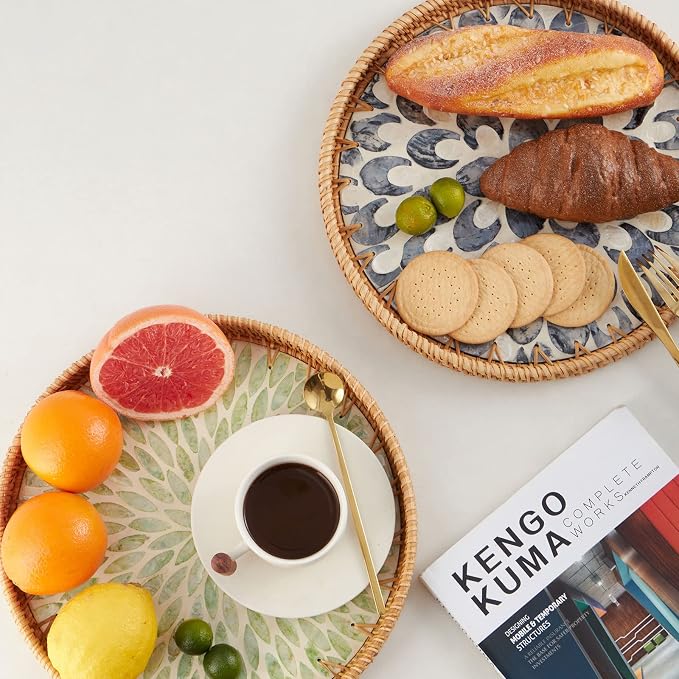 Round Rattan Tray with Mother of Pearl Inlay, Rattan Serving Tray with Wooden - Image 2