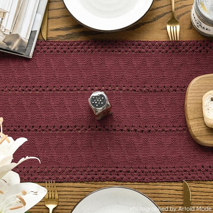 Artoid Mode Red Woven Farmhouse Hollow Table Runner 12x72 Inch | Holiday Rustic - Image 4