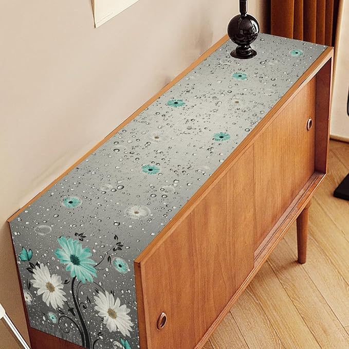 Teal Daisy Floral Table Runner, Rustic Boho Farmhouse Spring Floral Flower Boho - Image 2
