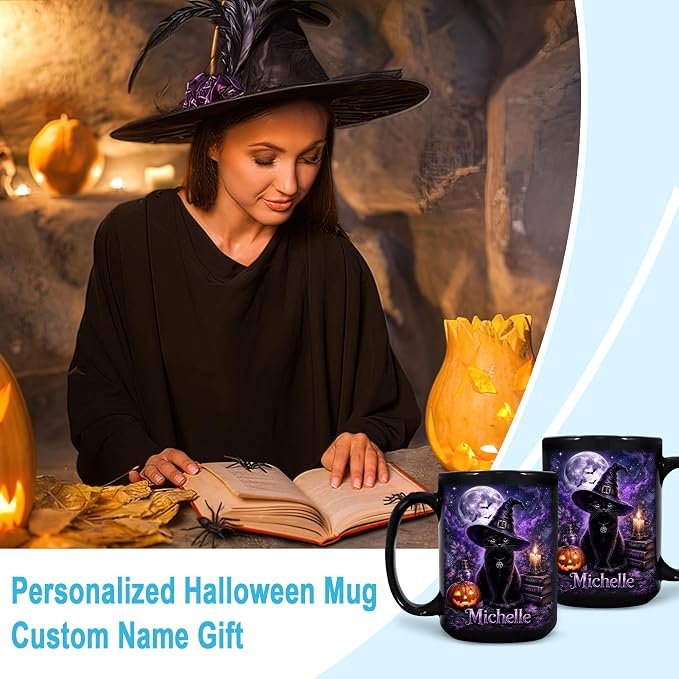 Hyturtle Personalized Halloween Black Cat Mug, Custom Name Gift - Image 3
