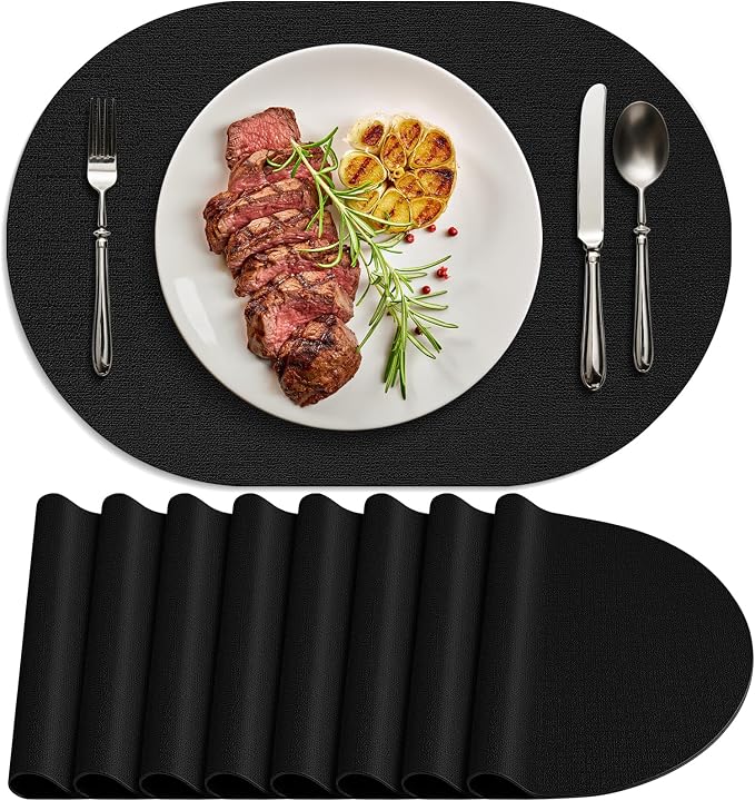 Placemats for Dining Table Set of 8 Non-Slip, Heat Resistant Oval Leather by Delicateandelegantplacemats