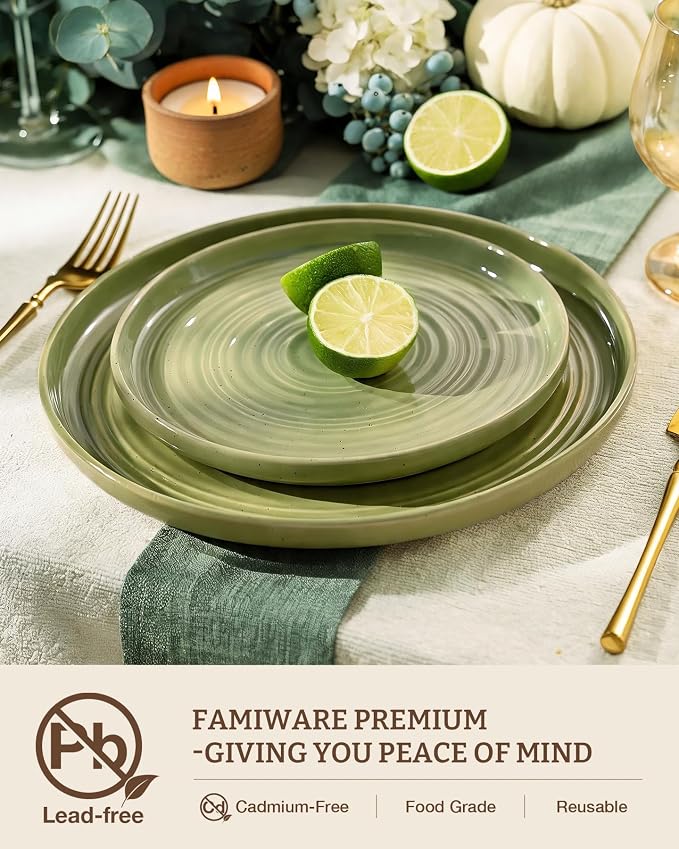 Dinnerware Sets for 4, Ceramic Plates & Bowls, Olive Green | 12-Piece Ceramic - Image 2