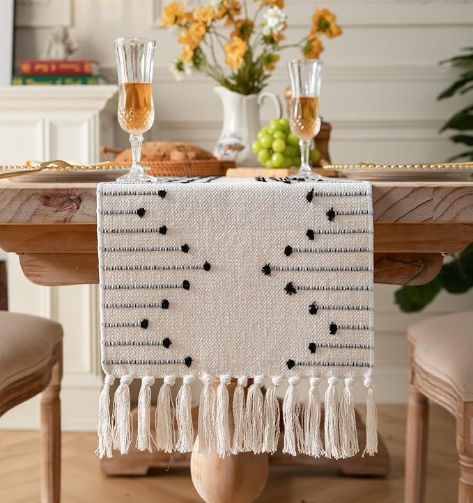 Boho Table Runner 13 x 72 Inch Long Natural Cotton Woven Runner by Caflife