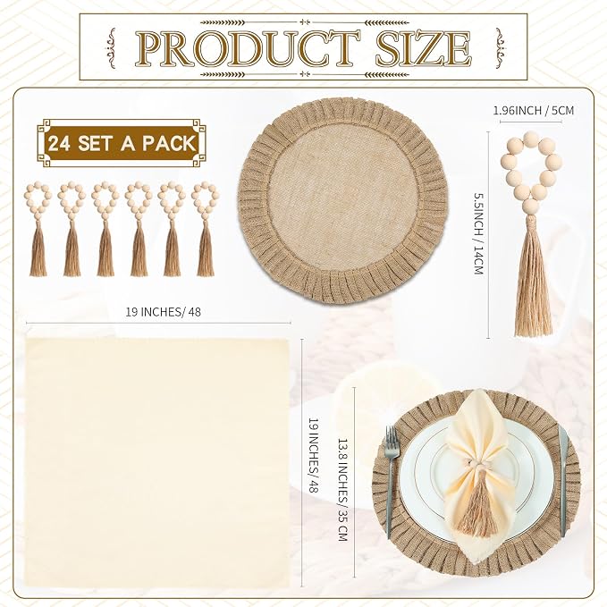 Gejoy 72 Pcs Round Burlap Placemats Wood Bead Napkin Rings - Image 2