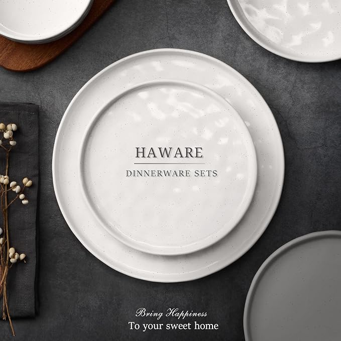 HaWare Dinnerware Sets, 24-Piece Plates and Bowls Set, Speckled White | - Image 7