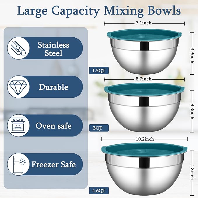 LIANYU Mixing Bowls Set with Lids, Stainless Steel Kitchen Bowls Set of 3 | - Image 2