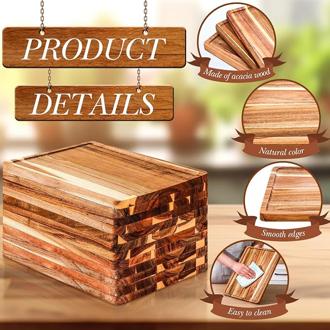 Roshtia 12 Pcs Acacia Wood Serving Tray Rectangular Wooden Serving Platter - Image 3