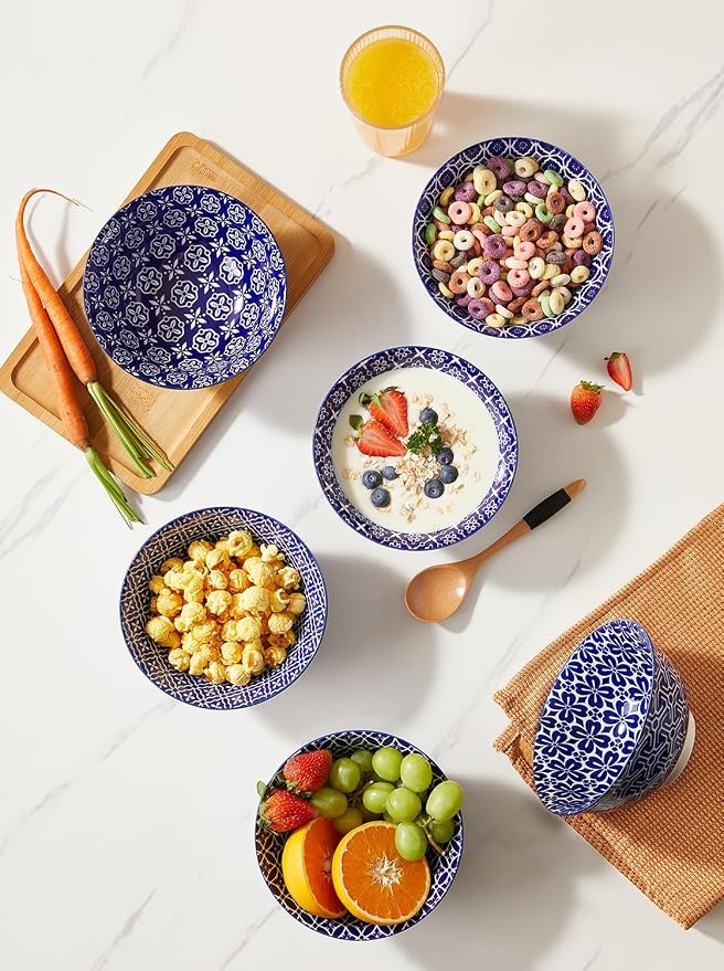 Metahom Ceramic Cereal Bowls, 23 Oz Blue and White Bowls, Porcelain Soup Bowl - Image 4
