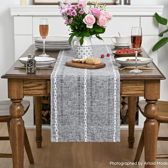 Artoid Mode Dark Grey Rustic Cotton Linen Table Runner, Seasonal Embroidered - Image 2
