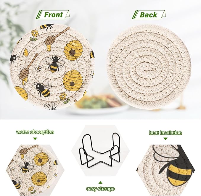 Bees Honeycomb White Print Coasters - Image 4