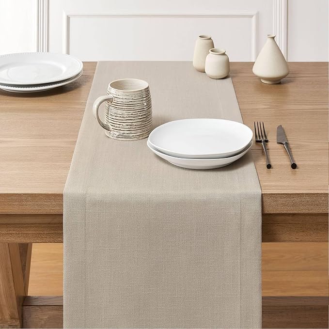 Linen Textured Border Table Runner, 14 x 72 Inch Natural | Mitered Corner Design - Image 3