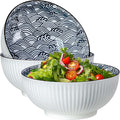 QINLANG Large Soup Bowls, Pho & Ramen Set of 3, 60 oz Blue & White Porcelain by QINLANG