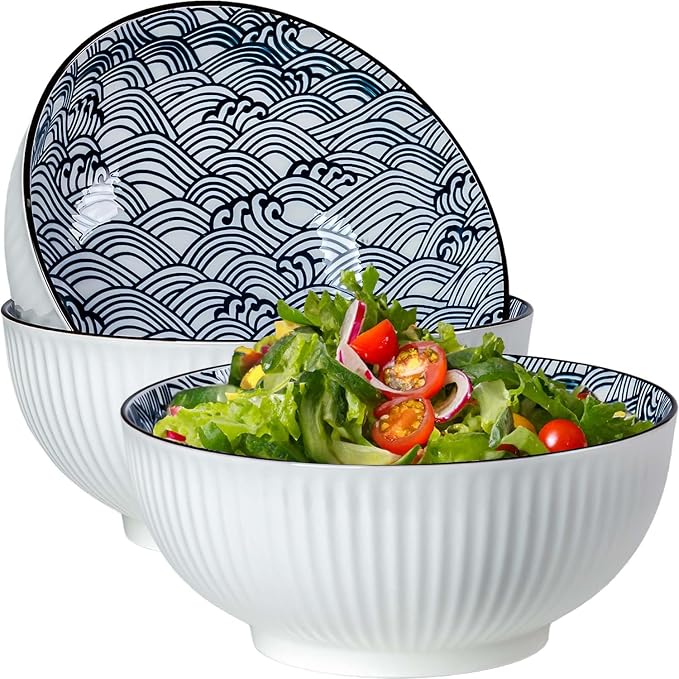 QINLANG Large Soup Bowls, Pho & Ramen Set of 3, 60 oz Blue & White Porcelain by QINLANG