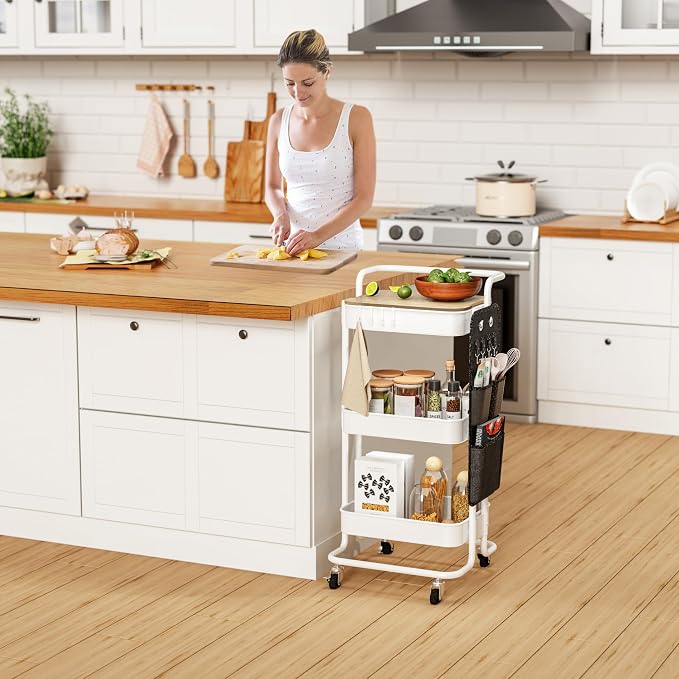 DTK 3-Tier Rolling Cart with Table Top, Metal Utility Cart with Side Bags | - Image 8