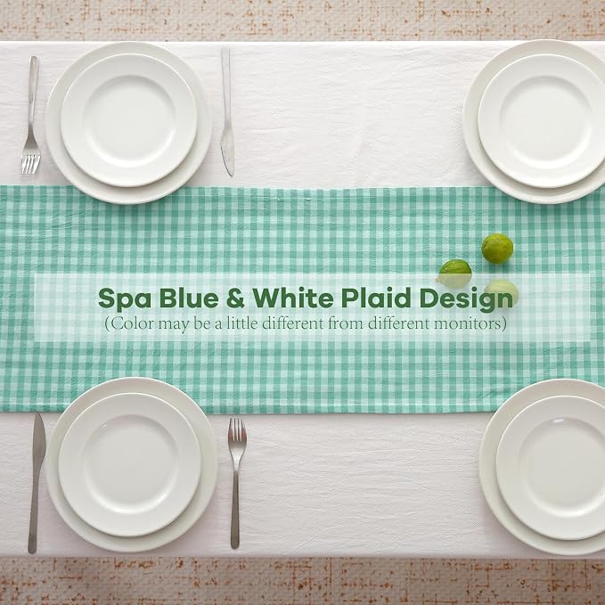 Spa Blue White Plaid Gingham Ruffle Table Runner 120 inches Long Christmas 100% - Image 4