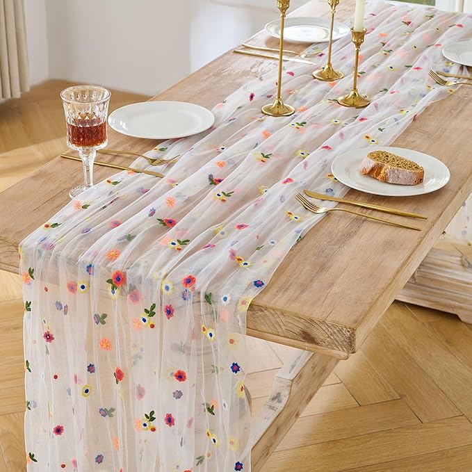 BINBE 12pcs Daisy Spring Table Runner Embroidery Gauze 10FT Florals Seasonal - Image 2