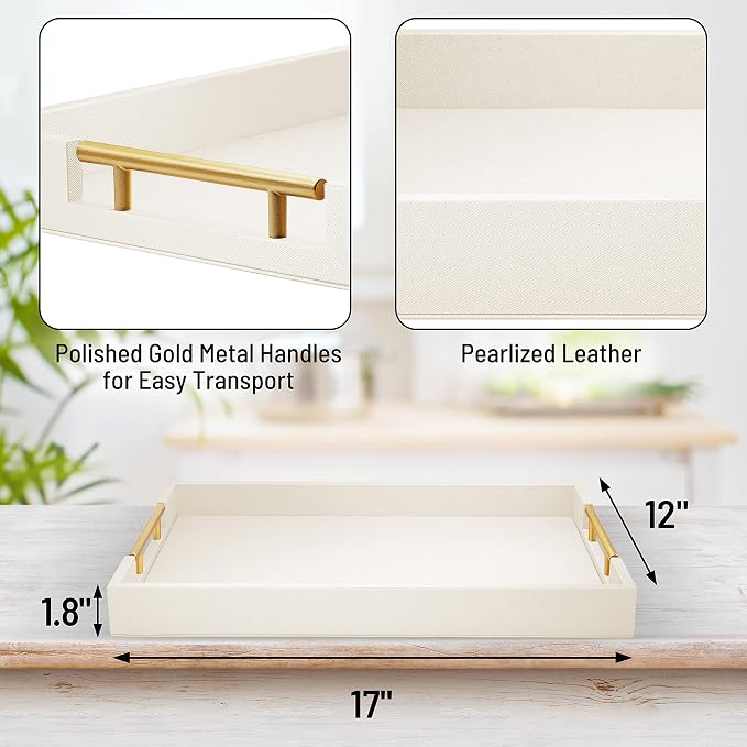 ATZYmolin 17"x12" Leather Serving Tray, Polished Metal Handles, Coffee Table - Image 2