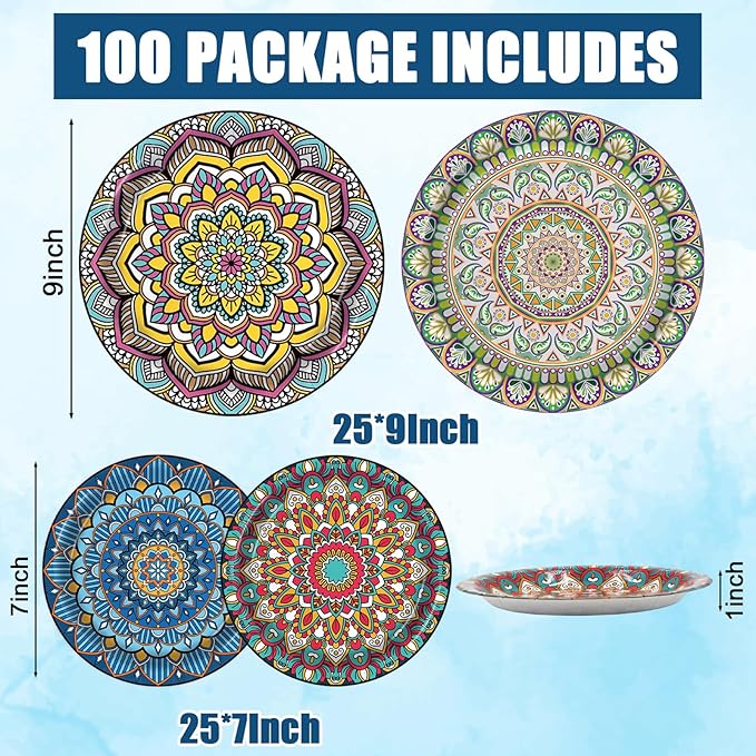 100PCS Boho Paper Plates 7Inch & 9Inch, Vintage Bohemian Disposable Dinnerware - Image 3