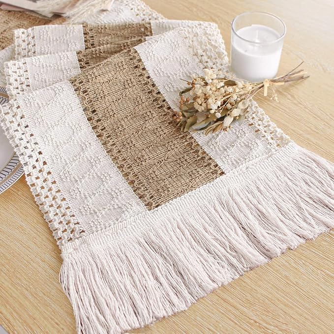 Boho Table Runner for Fall Home Decor 12x72 Burlap by FEXIA