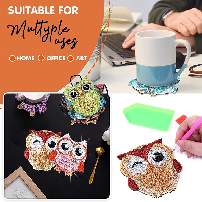 10 pcs Diamond Painting Coasters | Diamond Art Coasters | Owls Diamond Art - Image 5