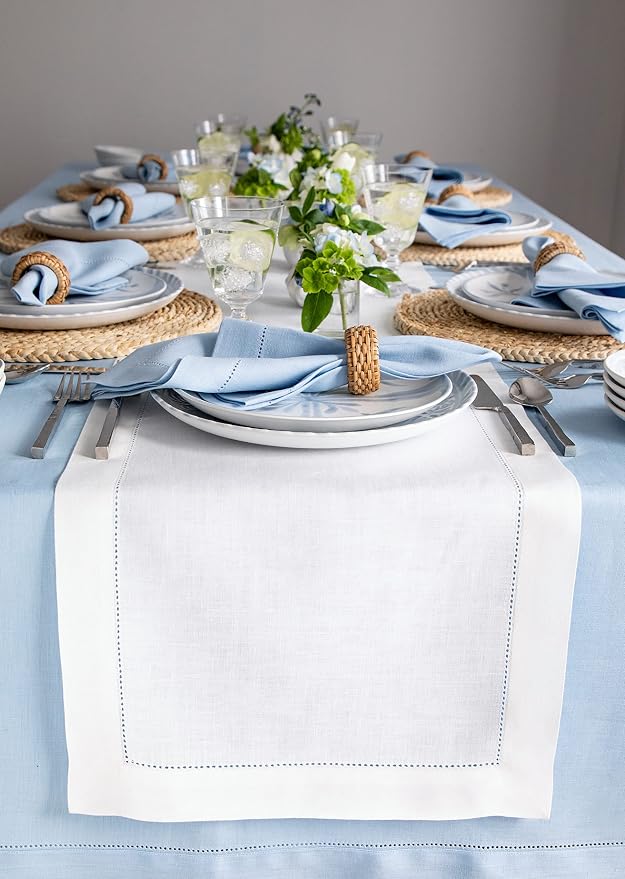Solino Home 100% Linen Table Runner White, Classic Hemstitch 14 x 132 in | by SolinoHome