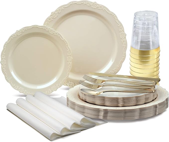 " OCCASIONS " 320 Pieces set-Vintage Wedding Party Disposable Plastic Plates & by OCCASIONSFINESTPLASTICTABLEWARE