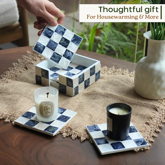 4" Capiz Checkered Square Coasters Set 6 - Image 7