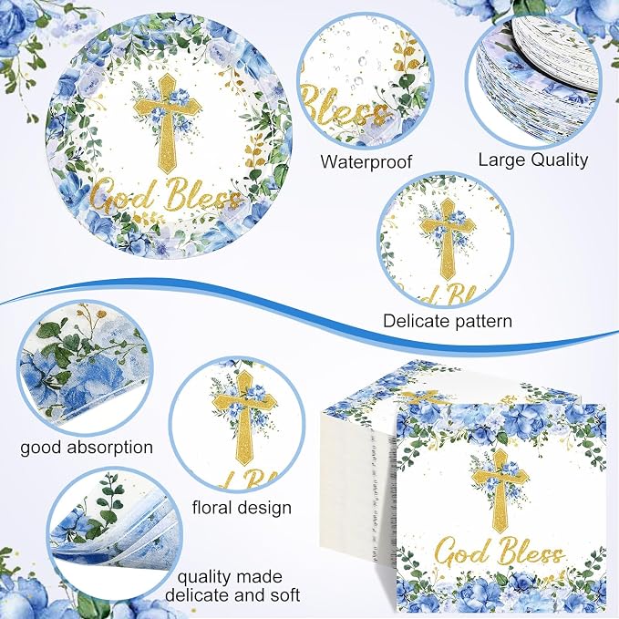 Pickmesh 250 Pcs Blue Baptism Cross Disposable Tableware Set Confirmation - Image 2