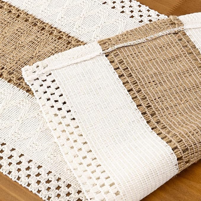 Ivory & Burlap Boho Table Runner Farmhouse Woven Table Runner 12x60 Inch | - Image 5