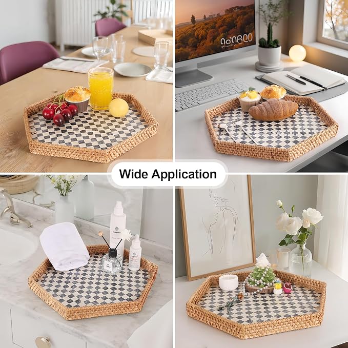 Hexagon Rattan Tray with Mother of Pearl Inlay, Rattan Serving Tray - Image 4