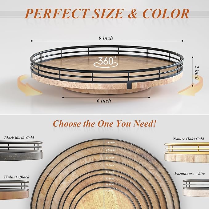 AMH 9-Inch Farmhouse Oak Lazy Susan Cabinet Organizer | Smooth rotating oak tray - Image 6