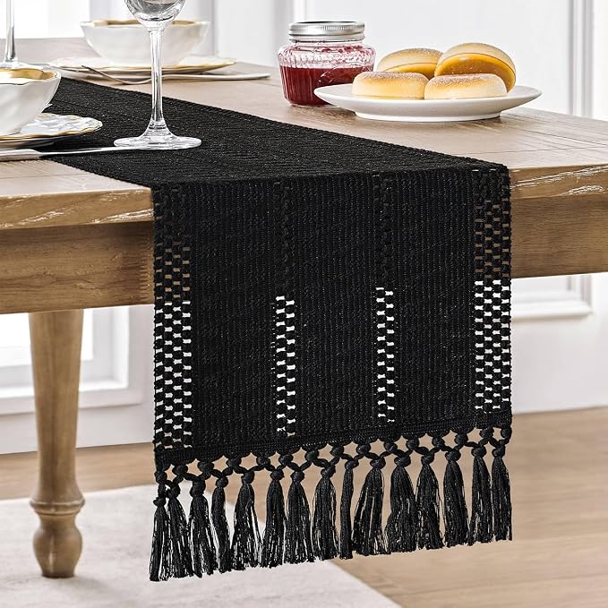 Macrame Style Boho Table Runner, 12x60 Inch Black | Woven Boho Table Runner by ZEEMARTONLINE